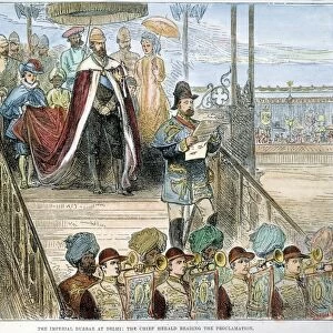 IMPERIAL DURBAR: VICTORIA. Queen Victoria of England proclaimed Empress of India at the Imperial Durbar in Delhi on Jan. 1, 1877: contemporary English wood engraving