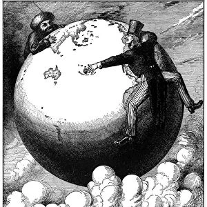 IMPERIALISM CARTOON, 1876. The Two Young Giants, Ivan and Jonathan, Reaching for Asia by Opposite Routes : American cartoon, 1876, by Frank Bellew occasioned by the United States signing a commercial pact with Hawaii and Russias expansion into China