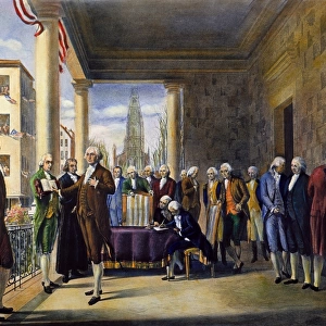 The inauguration of George Washington as the first President of the United States at Federal Hall, New York City, 30 April 1789. After a painting, 1889, by Ramon de Elorriaga