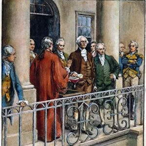 The inauguration of George Washington as the first President of the United States at Federal Hall, New York, April 30, 1789. Color engraving, 19th century