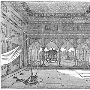 INDIA: HINDU TEMPLE. Interior of a Hindu temple in India. Wood engraving, American, 1849