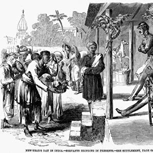 INDIA: NEW YEARs DAY, 1859. Servants bringing in presents on New Years Day in India, 1859. Wood engraving from an English newspaper