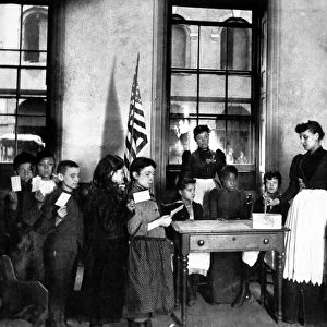 INDUSTRIAL SCHOOL, c1890. The First Patriotic Election in The Beach Street Industrial School, New York City. Photograph, c1890, by Jacob Riis