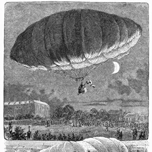 Inflation and ascent of an airship in Dresden, Germany. German newspaper engraving, 1884