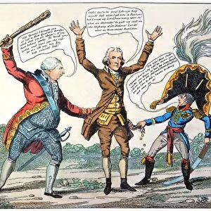 Intercourse or Impartial Dealings. An American cartoon of 1809 by Peter Pencil showing President Thomas Jefferson being robbed by England (King George) and Napoleon as a result of Jeffersons embargo policy