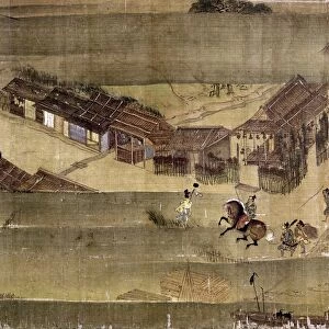 Ippen Shonen, a traveling priest who popularized dancing-praying ceremonies, arrives in Omi province. Scroll painting, 1299