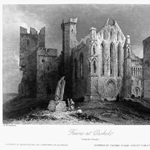 IRELAND: CASHEL RUINS, c1840. View of the ruins on the Rock of Cashel, County Tipperary, Ireland. Steel engraving, English, c1840, after William Henry Bartlett