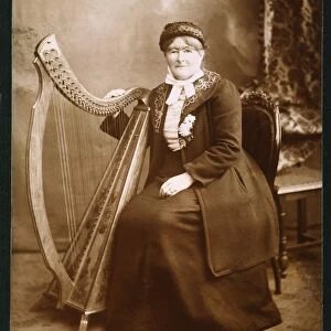 IRISH HARPIST, c1890. An unidentified Irish harpist with her instrument: original