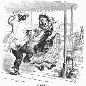 IRISH JIG, 1858. Couple dancing a jig during an excursion by steamboat on the Eastern seaboard. Wood engraving, American, 1858