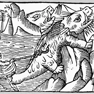 IRISH MONKS, 6th CENTURY. Irish monks encountering sea monsters