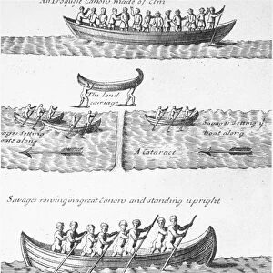 IROQUOIS CANOES. Illustration of canoes and their uses. Engraving, English, 18th century
