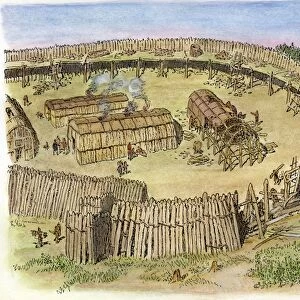 IROQUOIS VILLAGE, c1500. Artists reconstruction of part of a Huron Iroquois palisaded village
