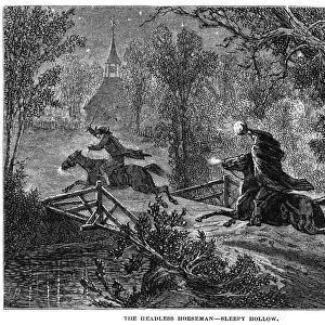 IRVING: SLEEPY HOLLOW. The headless horseman scares Ichabod Crane out of town. Wood engraving, American, 1876, for Washington Irvings The Legend of Sleepy Hollow, first published in 1819