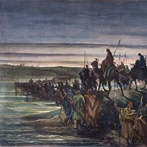 ISRAELITES IN CANaN. After 40 years of wandering, the Israelites cross the Jordan River into Canaan under the leadership of Joshua (Joshua 3: 14-17): wood engraving after Gustave Dor