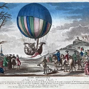 Jacques Alexandre Cesar Charles departing Nesle, France, after the landing of the first hydrogen balloon flight from Paris on 1 December 1783. On the ground at left, Marie-Noel Robert takes statements of the witnesses. Hand-colored etching, French, 1783