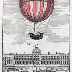 Jacques Alexandre Cesar Charles and Marie-Noel Robert riding the gondola of a balloon ascending from the Tuilieries Garden in Paris, France, in the first flight of a hydrogen-filled balloon, 1 December 1783. Hand-colored etching, French, 1783