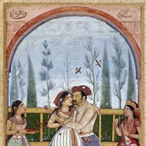 JAHANGIR (1569-1627). Mughal emperor of India, 1605-1627. Jahangir embracing his wife, Nur Mahal. Mughal painting, c1615