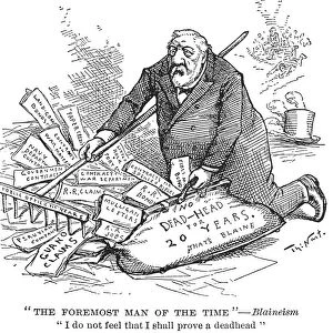 JAMES G. BLAINE CARTOON. Presidential candidate Blaine trying to collect his record, in a cartoon by Thomas Nast from the final days of the 1884 presidential campaign
