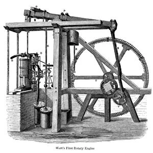 James Watts (1736-1819) first rotary steam engine. Wood engraving, 19th century