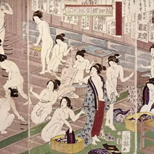 JAPAN: BATHHOUSE, c1865. Women of all ages in a Japanese public bathhouse. Woodblock print