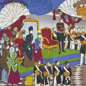 JAPAN: CONSTITUTION, 1889. The Meiji Emperor Mutsuhito presents the Constitution