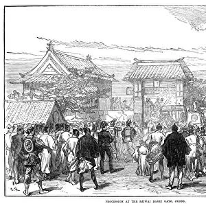 JAPAN: FIRST RAILWAY, 1872. Procession at the Saiwaibashi Gate in Tokyo, Japan