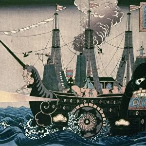 JAPAN: FOREIGN VISITORS. Western visitors arrive in the black ships at Yokohama harbor