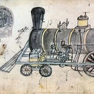 JAPAN: PERRY EXPEDITION. Working steam engine presented by Commodore Matthew Perry to Japan during the 1854 American expedition. Color drawing, Japanese, 1854