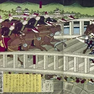 JAPAN: SATSUMA REBELLION. Women from the island of Kyushu fighting against government cavalry during the Satsuma Rebellion of 1877. Woodblock print, triptych, 1877, by Nagayama Umosai