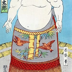 JAPAN: SUMO WRESTLER. Asashio Taro, a sumo wrestler wearing a waist wrap with birds and bamboo