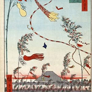JAPAN: TANABATA FESTIVAL. Bamboo decorated with paper streamers and cutouts above the rooftops of Tokyo during the Tanabata festival. Color woodcut by Hiroshige Ando, 1857