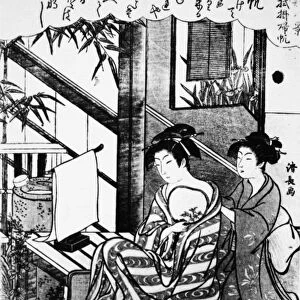 Japanese woman receiving a massage. Woodblock print, 16th century, by Kiyonaga