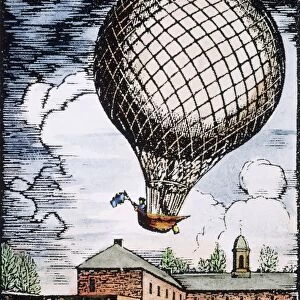 Jean Pierre Blanchard and a small dog ascend from the Walnut Street Prison yard in Philadelphia for the first balloon flight in the United States, 9 January 1793. Wood engraving