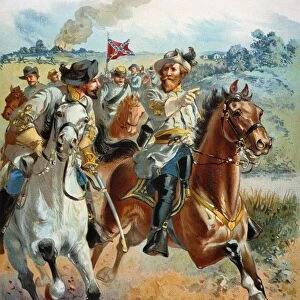 JEB STUARTs CAVALRY 1862. James Ewell Brown Jeb Stuarts raid around McClellan, June 1862. Lithograph after H. A. Ogden