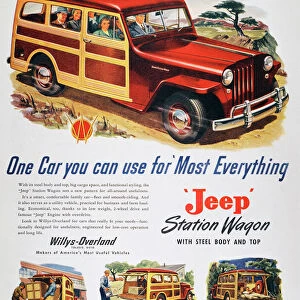 JEEP STATION WAGON, 1947. Willys-Overland Jeep Station Wagon advertisement from an American magazine, 1947