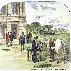 JEFFERSON: INAUGURATION. Thomas Jefferson hitching his horse before entering the Capitol, Washington, D. C. to deliver his first inaugural address, 1801. Wood engraving, 19th century