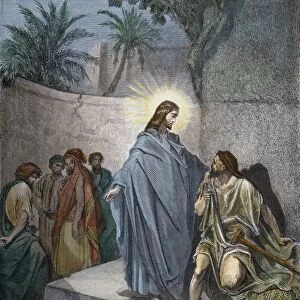 Jesus Healing the Dumb Man Possessed (Matthew 12: 22). Color engraving after Gustave Dor