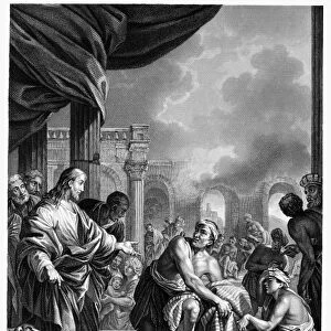 JESUS HEALING. The Impotent Man Healed. Steel engraving after the painting by Luca Giordano