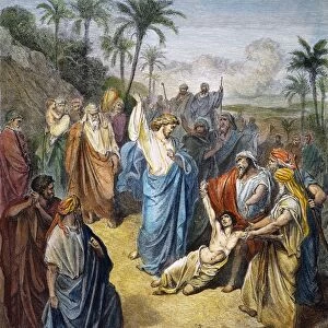 Jesus healing the lunatic (Matthew 17: 15). Color engraving after Gustave Dor