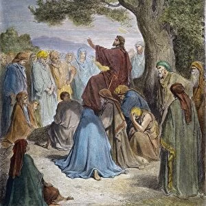 Jesus Preaching to the Multitude (Luke 12: 23, 31). Wood engraving after Gustave Dor
