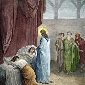 Jesus raising up the daughter of Jairus (Luke 8: 54). Wood engraving after Gustave Dor