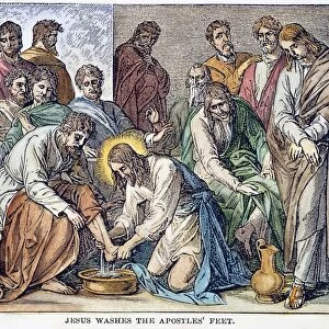 Jesus washes the Apostles feet (John 13: 5). Wood engraving, American, 1884