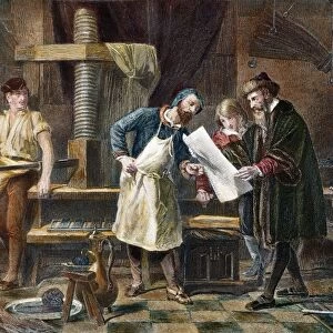 JOHANN GUTENBERG (c1395-1468) taking the first proof printed from movable type. Steel engraving, 19th century