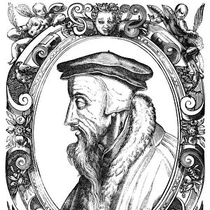 JOHN CALVIN (1509-1564). French thelogian and reformer. Woodcut, Swiss, 1581