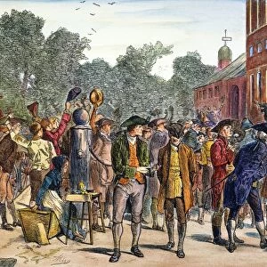 John Nixon giving the first public reading of the Declaration of Independence from the steps of Independence Hall in Philadelphia, Pennsylvania, on 8 July 1776. Color engraving after Edwin Austin Abbey