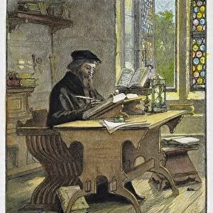 JOHN WYCLIFFE (1320?-1384). English religious reformer and theologian. Wycliffe writing. Wood engraving, American, 1885