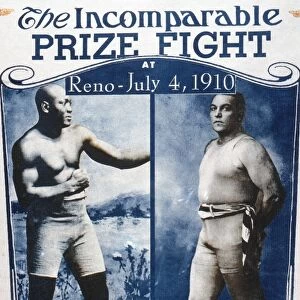JOHNSON VS. JEFFRIES, 1910. American boxing poster promoting the championship fight between Jack Johnson and James J. Jeffries at Reno, Nevada, 4 July 1910, in which Johnson would successfully defend his title with a 15th-round knockout