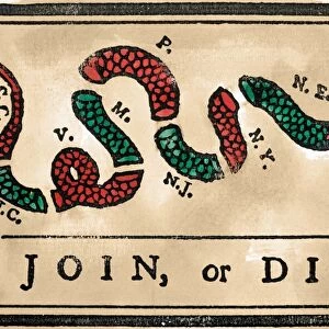JOIN OR DIE CARTOON, 1754. First American political cartoon, originally published by Benjamin Franklin in his Pennsylvania Gazette, 1754