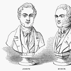JOSEPH AND HYRUM SMITH. The two Mormon martyrs, Joseph Smith (1805-1844), left, and his brother Hyrum (1800-1844). Wood engraving, American, 1853