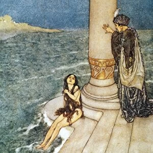 Just in fron of her stood the handsome young prince. Drawing, 1911, by Edmund Dulac for the fairy tale by Hans Christian Andersen